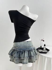 Elamini Camiseta de mujer con hombros asimétricos, cintura elástica, estrella de cinco puntas con strass, y bajo asimétrico en estilo retro y dulce - Negro - Ver 2