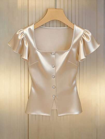 GlowEve Áo sơ mi nữ thanh lịch, tay loe, màu mơ với độ bóng như satin, thích hợp cho công sở.