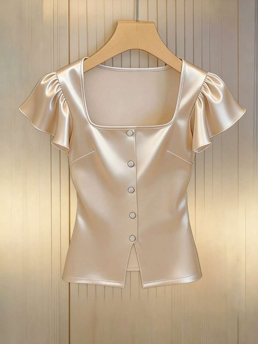 GlowEve Áo sơ mi nữ thanh lịch, tay loe, màu mơ với độ bóng như satin, thích hợp cho công sở. - Màu be - Xem 1