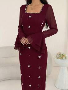 Modelyn 女士春夏黑色长袖串珠雪纺喇叭袖A字连衣裙 - 酒紅色 - 查看 3