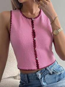 Livesso Women's Floral Trim Single-Breasted Round Neck Sleeveless Tank Top - Pink - View 2