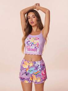 My Little Pony X SHEIN 女士荷叶边吊带背心和短裤睡衣套装，G4 - 紫色 - 查看 4