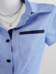 Lalippa Women Blue And White Striped Short Sleeve Shirt Regular Length Casual Woven Fabric Blouse With Shirt Collar - Blue and White - View 4