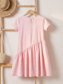 SHEIN 女童休闲纯色短袖连衣裙 - 粉色 - 查看 2