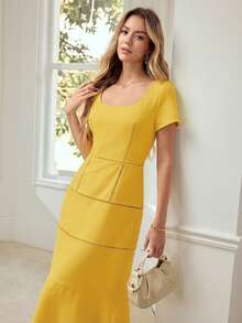 MOTF PREMIUM VESTIDO ELEGANTE DE MANGA CORTA CON FLORES 3D PARA CITAS NOCTURNAS DE MUJER, PRIMAVERA/VERANO - Amarillo - Ver 5