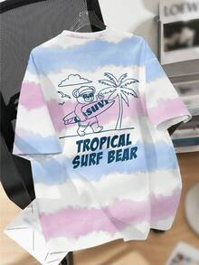 Tween Boy White And Blue Tie-Dye Short Sleeve T-Shirt,Summer Casual Vacation Holiday Skateboard Surfing Bear Coconut Tree Graphic Tee,Comfortable Tops - Multicolor - View 2