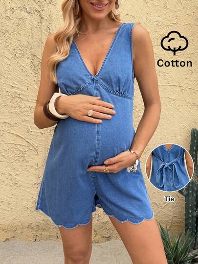 SHEIN Maternity Casual Sleeveless Denim Romper Summer Carnival Costume Commuting Vacation Graduation Chic Y2k Cute Streetwear Coquette Party Wedding Elegant Business Casual Woman Business Beach Graduation Easter Women Denim Blue Scalloped Hem Romper V Neck Sleeveless Summer Casual Outfit Scallop Hem Romper Blue