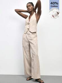 Maija Women's Striped Halter Top And Pants Set Summer Jumpsuit Woman Linen Jumpsuit Women Linen Outfit Pant Suit Summer Sets Resort Wear 2026 Cotton Sets For Woman, Metal Buckle Design, Unique Striped Suit, Spring/Summer Resort Style, Summer Outfits, Summer Clothes, Spring Clothes Women , St Patrick's Day, Beach Outfit For Women, Cotton Jumpsuits For Woman Halter Jumpsuit - Multicolor - View 7