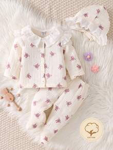 Bộ 3 món đồ liền thân, mũ và đồ ngủ họa tiết hoa cho trẻ sơ sinh - Màu be - Xem 7