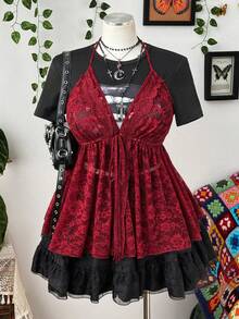 Sunspun Camiseta de encaje rojo sexy con cuello halter para mujer de talla grande - Rojo - Ver 6