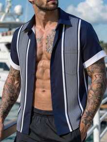 HIMLAND Men's Geometric Pattern 3D Digital Print Short Sleeve Polo Collar Chest Pocket Casual Vacation Hawaiian Shirt - Multicolor - View 7