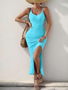 Breezaya 女士纯色简约休闲无袖毛衣连衣裙 - 淺藍色 - 查看 3