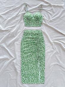 Soleia 女式夏季碎花吊带背心和荷叶边中长裙休闲套装 - 綠色 - 查看 3