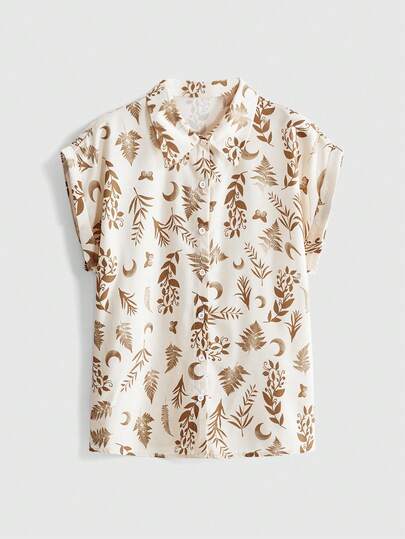 ROMWE Goth Áo sơ mi nữ in họa tiết toàn thân, cài một hàng khuy, kiểu dáng thường ngày, đa năng.