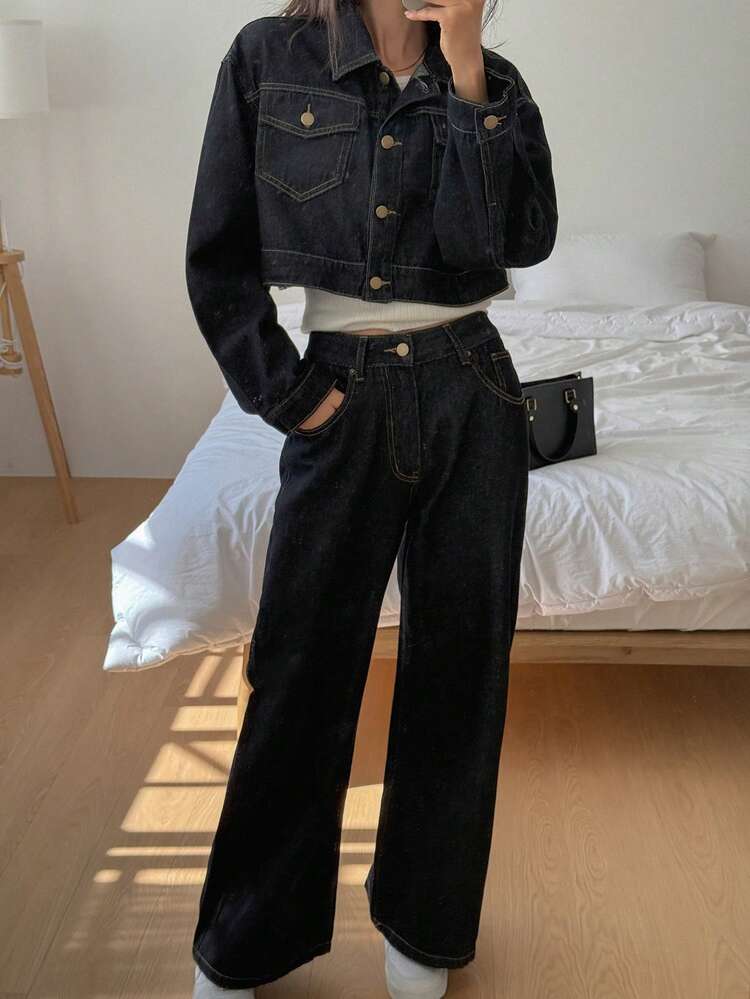 Women's Turndown Collar Washed Korean Style Long Sleeve Shirt And Loose Fit Long Pants 2 Pieces Denim Suit