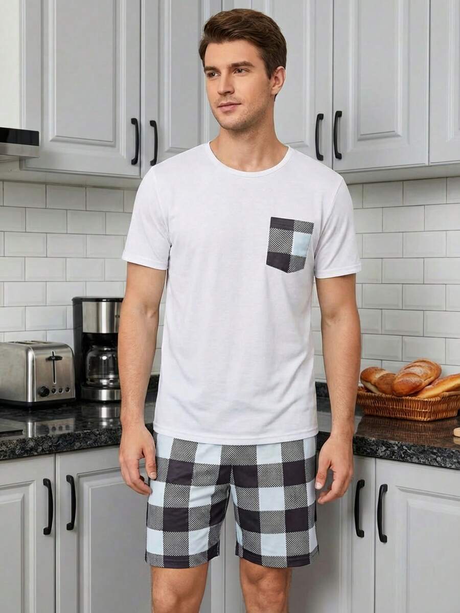 Conjunto De Ropa De Hogar Para Hombre Con Parte Superior De Manga Corta A Cuadros Y Pantalones Cortos - Blanco - Ver 1