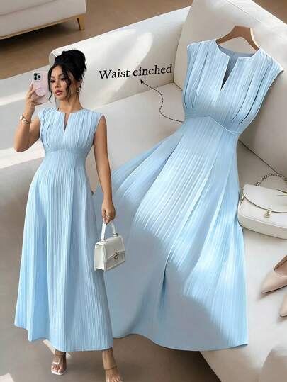 Elenzga Vestido midi de línea A con cuello en V y mangas cortas, diseño de cintura ceñida casual para mujeres