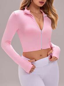 Sovereign Charm Women's Solid Color Long Sleeve Zip-Up Fitted Sports Jacket - Pink - View 4