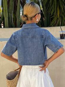 DAZY 女士休闲日常水洗前扣短袖牛仔衬衫 - 藍色 - 查看 2