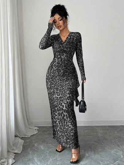 Elenzga Đầm maxi ôm sát dáng dài, thanh lịch, cổ chữ V, họa tiết da báo màu nâu vintage dành cho nữ, thích hợp cho mùa xuân và mùa thu.