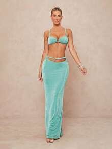 Lumalex Metal Hoop Decor Halter Backless Low Waist Hollow Out Mermaid Maxi Skirt 2 Pieces Set For Women - Mint Blue - View 4