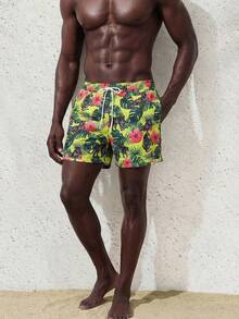 Surfspeed Pantalones cortos casuales de playa con estampado de plantas y cordón en la cintura para hombres - Verde - Ver 5