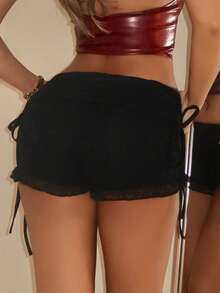 SHEIN ICON 女士黑色性感假日度假外出科切拉音乐会俱乐部性感纯色蕾丝短裤，夏季 - 黑色 - 查看 2