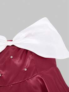 SHEIN 青少年女孩紅白色波點條紋夏季優雅正式洗禮肩帶A字迷你洋裝 畢業禮服 婚禮穿搭 - 酒紅色 - 查看 4