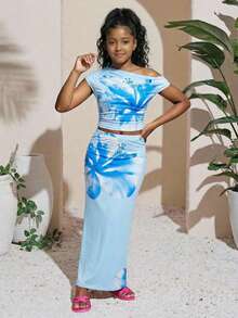 Tween Girl Floral Print Asymmetric Ruched Fitted Two Pieces Set, Casual Summer/Vacation Outfit - Baby Blue - View 5