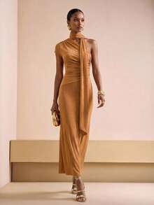 Zivah 2026 Spring New Mediterranean Vacation Style Asymmetric Design Neck Tie Waist Ruched Khaki Dress - Yellow - View 6