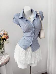 Sweetra Plus Size Striped Fashionable Versatile Short Sleeve Fitted Blouse - Blue and White - View 7