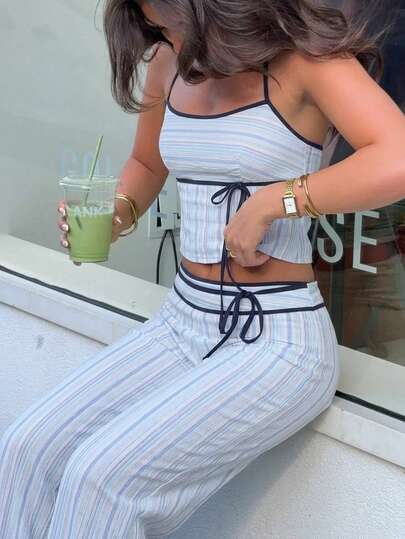 Avantive Blue Stripes Women Striped Halter Neck Tank Top & Loose Fit Pants 2 Pieces Set Summer Spring Outfits For Women Festival Beach Outfits Casual Vacation Outfits 2 Piece Sets Woman Cruise Vacation Pants Set Striped Two Piece Set Summer 2 Piece Sets Woman Vacation Two Piece Set Outfit Holidays, Casual , Beach For Women, Elegant , Beach , Spring Breaks ,  Spring/Summer Vacation  Elegant , Suitable For Commuting, Everyday Casual, And Fashionable Business Wear/Fall Clothes For Women / Back To School / Y