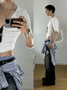 Manfinity Dauomo 男士休闲纯色短款T恤 - 白色 - 查看 3