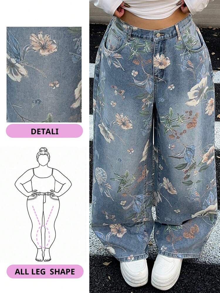 Valentine Floral Print Straight Leg Long Plus Size Women Jeans