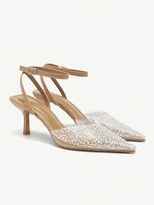 CUCCOO CHICEST 仿珍珠和水钻装饰透明塑料包头高跟凉鞋，性感优雅露背尖头女鞋春季鞋 - 杏色 - 查看 2