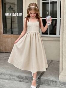 SHEIN 少女休闲通勤优雅时尚百搭日常穿搭撞色蝴蝶结腰带连衣裙，适合外出、返校等场合 - 卡其色 - 查看 2