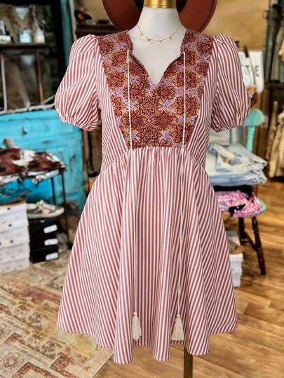 LanaWest 女士休闲波西米亚西部风复古印花荷叶边半开襟连衣裙