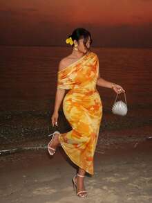 Firerie 大码女式印花褶皱不对称肩部修身优雅连衣裙 - 黃色 - 查看 8