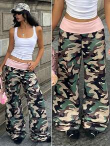 Coolane Women's Summer Rave Outfit Streetwear Y2k Casual  Music Festival Graphics Camouflage Print Pink Contrast Waistband Low Rise Flare Pants Camo Flare Pants - Multicolor - View 3