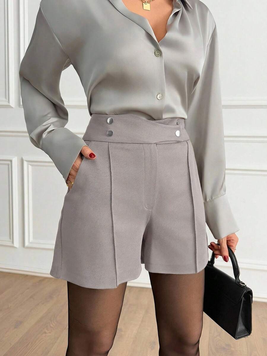 EURMUSE Women Solid Color Button Detailed Shorts - Beige - View 1