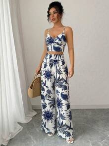 SHEIN Holidaya Women's Navy And White Palm Tree Digital Print 2-Piece Set,Boho Summer Vacation Holiday Outfits,Casual Beach 2 Piece Outfits,Elegant Chic Street Style - Blue and White - View 5