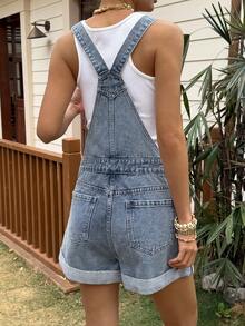 Livesso 女士蓝色棉质沙滩度假休闲可调节肩带连体裤 夏季 - 藍色 - 查看 2