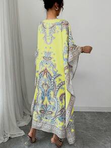 Rafferiza Elegant Loose Middle Eastern Digital Placement Print Round Neck 3/4 Sleeve Robe, Spring/Summer For Women - Light Yellow - View 2