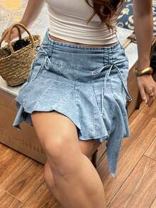 Sunnyshic Women's Drawstring Waist Pleated Casual Denim Skirt - Blue - View 1