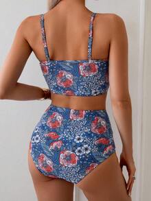 Swim Vcay Conjunto de tankini con estampado aleatorio para la playa en vacaciones de verano, conjunto de dos piezas con bikini de tiro alto - Multicolor - Ver 2