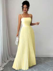 Elenzga Women's Elegant Solid Color Pleated Hem Sleeveless Dress, Summer - Light Yellow - View 4
