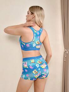 SpongeBob SquarePants | SHEIN 女士卡通印花吊带背心和短裤套装 - 藍色 - 查看 2