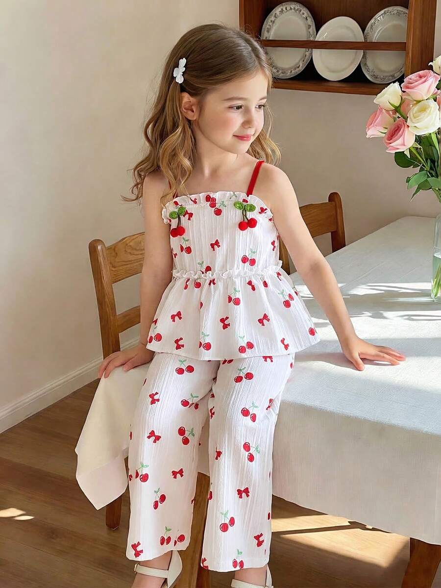 SHEIN Vintaside Kids 两件套女童数码印花花卉装饰吊带背心和松紧腰阔腿裤，休闲、沙滩、派对装扮，夏季 - 彩色 - 查看 1