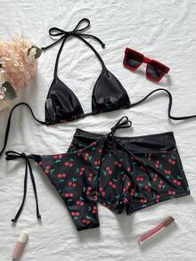 Swim Mod 女款 36SS 春夏新款櫻桃印花 V 領露背三角比基尼套裝，附蝴蝶結裝飾，3 件式泳裝，適用於海灘、度假、夏季節慶、派對女裝，櫻桃印花比基尼泳衣 3 件套 - 彩色 - 查看 6