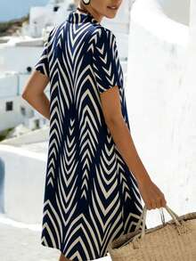 Balvessa Women's Geometric Print Short Sleeve Casual Mid-Length Dress - Blue - View 2